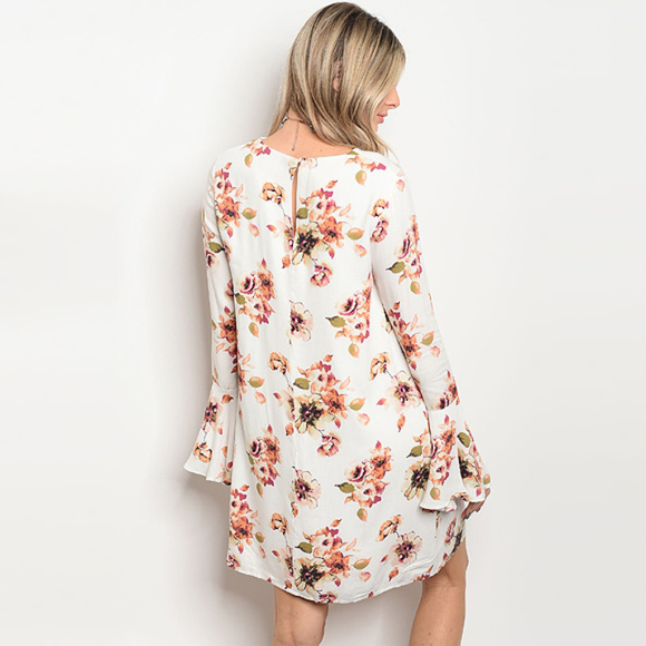 Ivory Crepe Floral Shift Trumpet Sleeve Dress - Picture 2 of 5